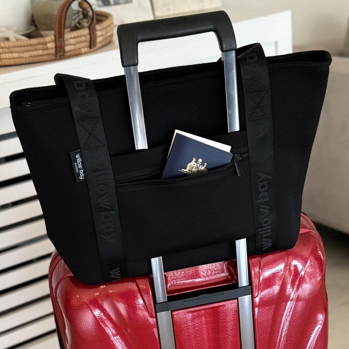 BOUTIQUE TRAVEL Neoprene Tote Bag With Zip (with trolley sleeve) - BLACK-BOUTIQUE Neoprene Tote Bag With Zip - Black Denim - Willow Bay-Offering gorgeous chic style & functionality, our black denim boutique neoprene tote bags are ideal for everyday use. Free shipping for AU & NZ. Shop now!-neoprene bag-shopping bag-handbag-travel bag-washable-vegan bag-Willow Bay Australia