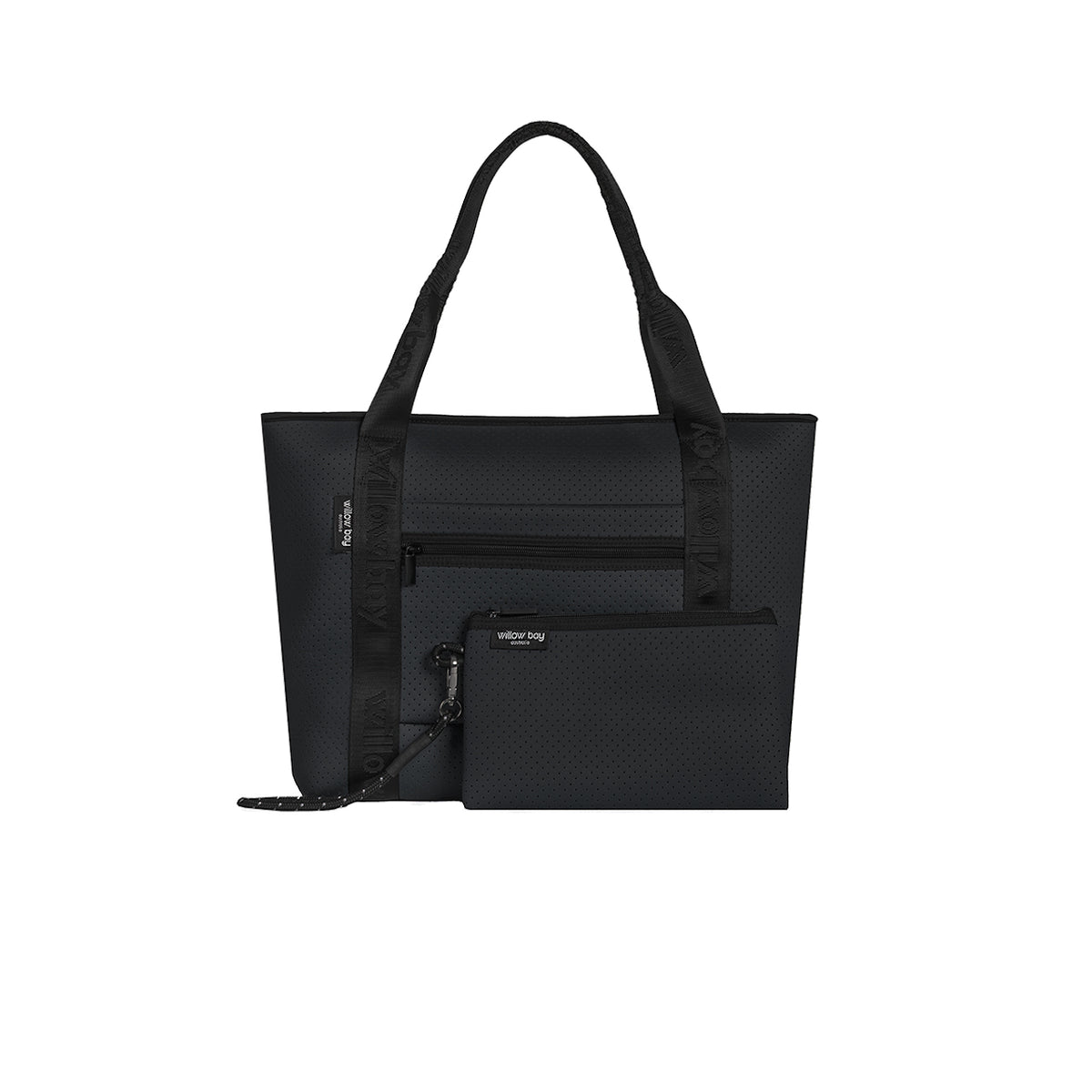 BOUTIQUE TRAVEL Neoprene Tote Bag With Zip (with luggage/trolley sleeve) - BLACK (With Black Handle)