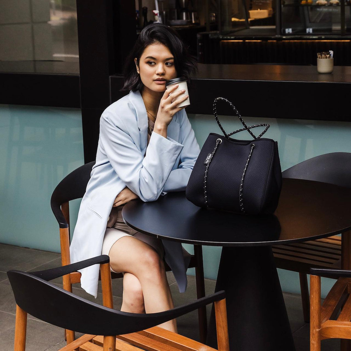 DAYDREAMER MINI Neoprene Tote Bag With Closure - BLACK-neoprene bag-shopping bag-handbag-travel bag-washable-vegan bag-Willow Bay Australia