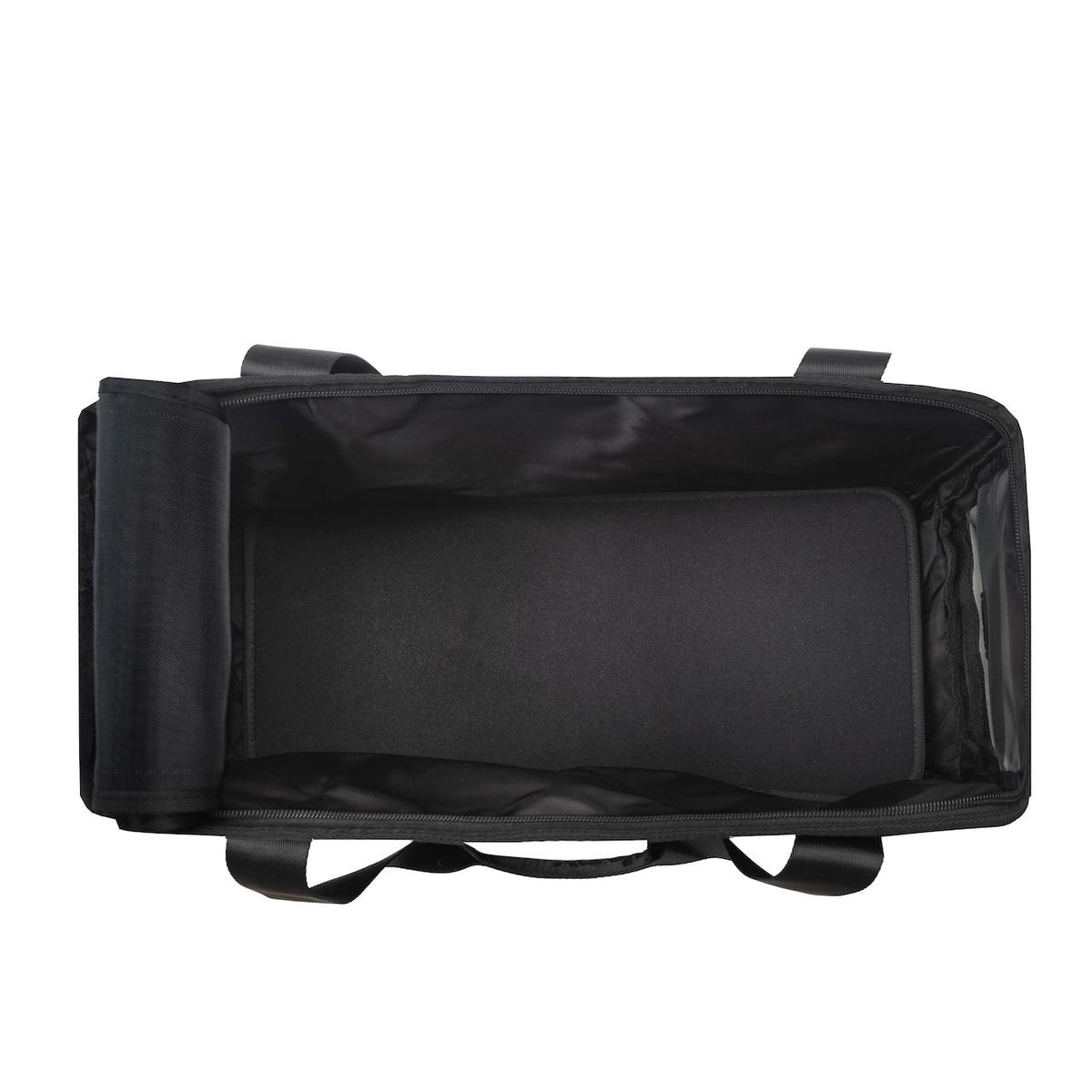 Open black neoprene pet carrier with mesh panels and a removable base insert.