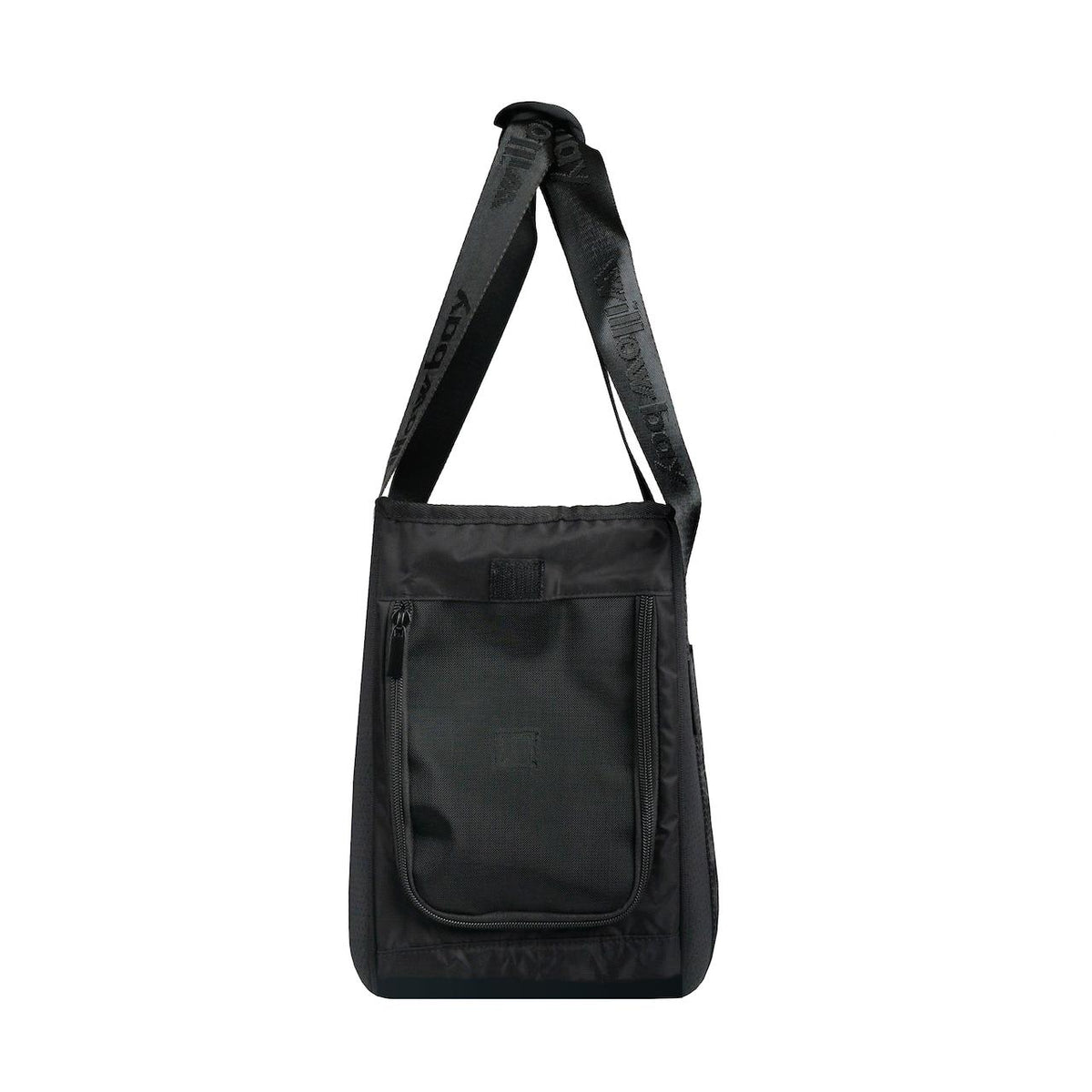Black neoprene pet carrier with a front zippered pocket and branded shoulder strap.