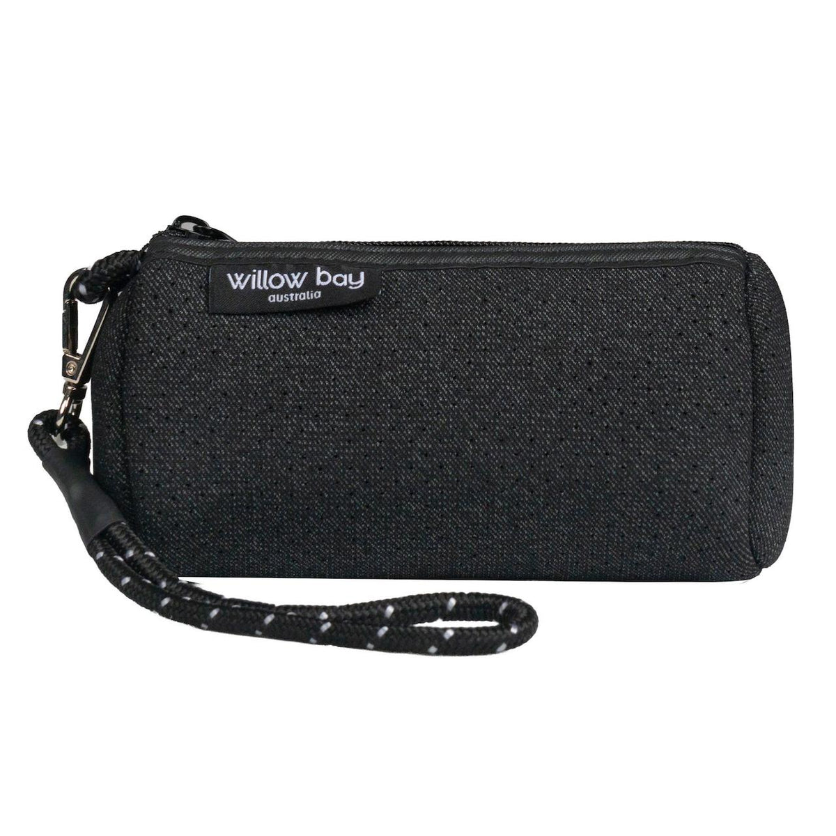 Black denim neoprene wristlet clutch with a detachable black and white rope strap.