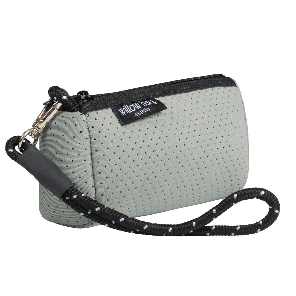 Willow Bay grey neoprene wristlet clutch with black zipper, logo tag, and detachable black rope strap.