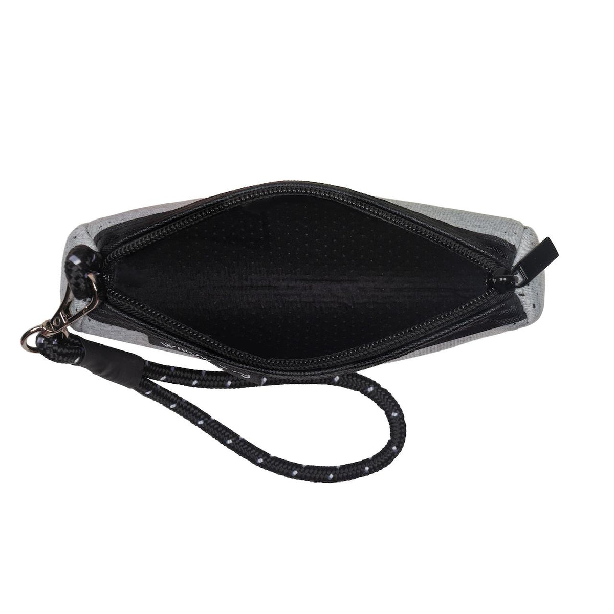 Light marle neoprene wristlet clutch with an open black zippered top and detachable black rope strap.