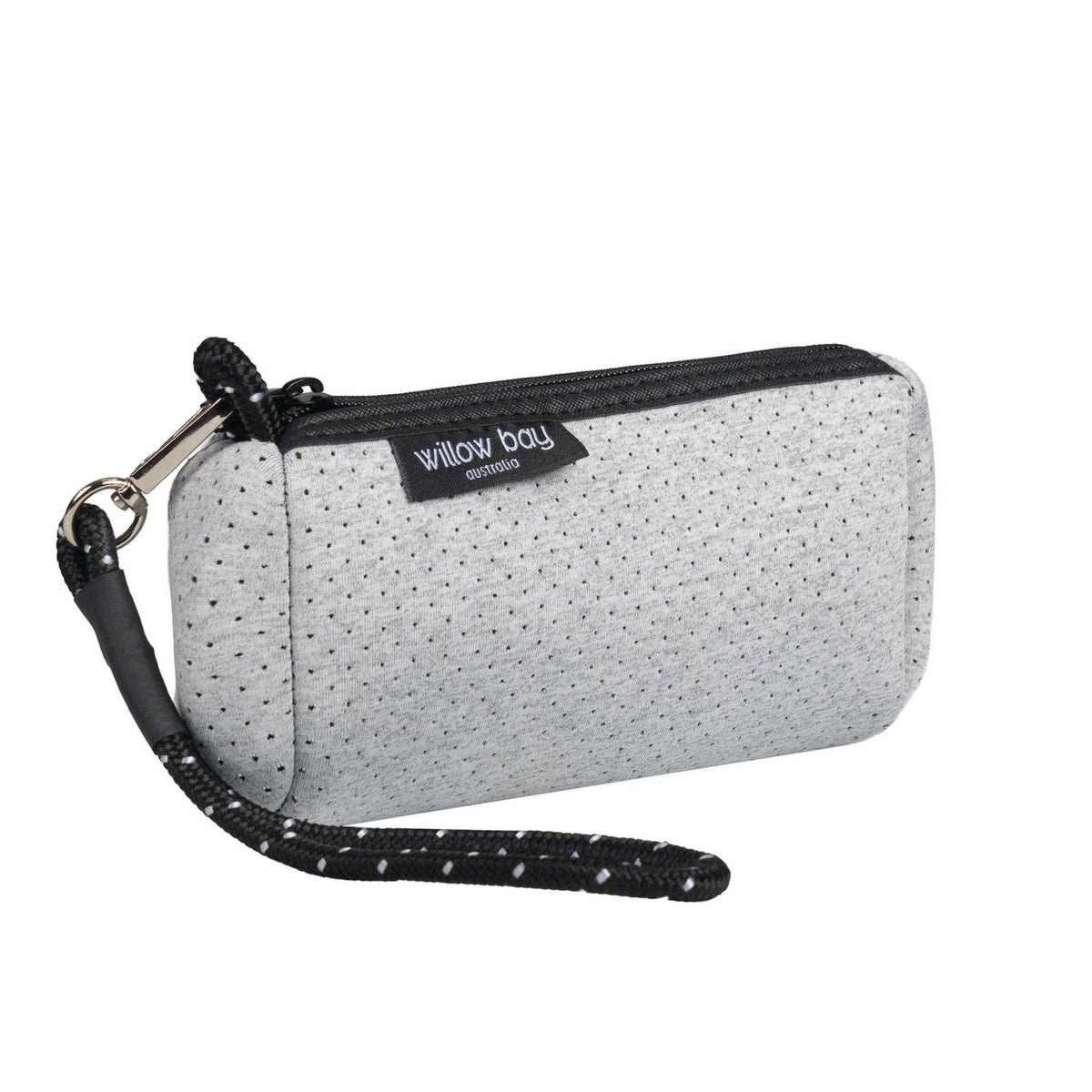 Light marle neoprene wristlet clutch with black zipper, detachable strap, and Willow Bay logo.