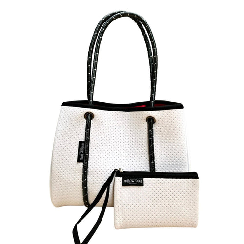 DAYDREAMER MINI Neoprene Tote Bag With Closure - WHITE/PINK (Limited Colour)-neoprene bag-shopping bag-handbag-travel bag-washable-vegan bag-Willow Bay Australia