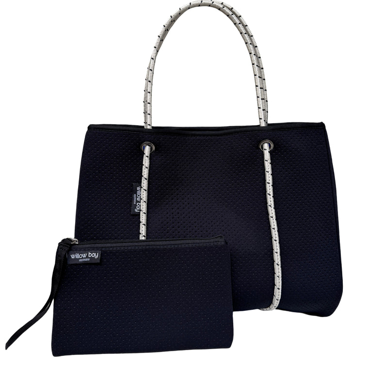 DAYDREAMER Neoprene Tote Bag With Closure - Black with Navy interior (off white rope with black fleck)