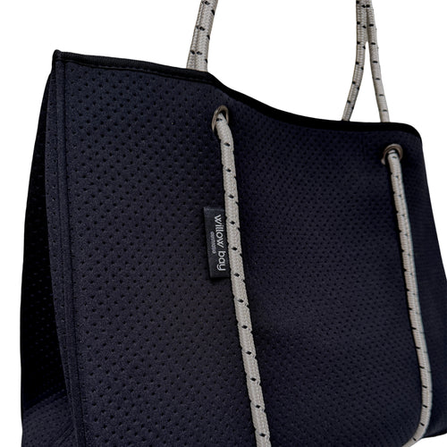 DAYDREAMER Neoprene Tote Bag With Closure - Black with Navy interior (off white rope with black fleck)